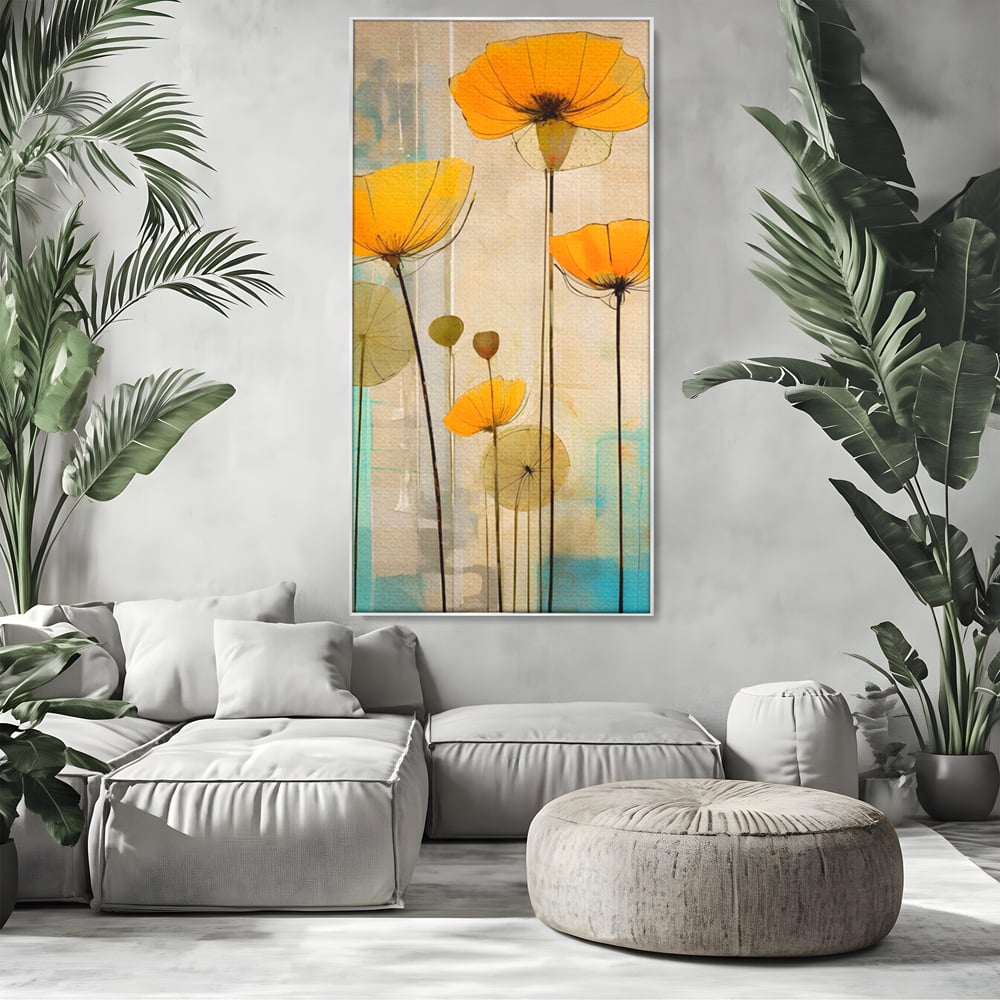 Tablou canvas cu pictura verticala cu flori galbene, in rama de aluminiu argintiu, pe perete intr-un living